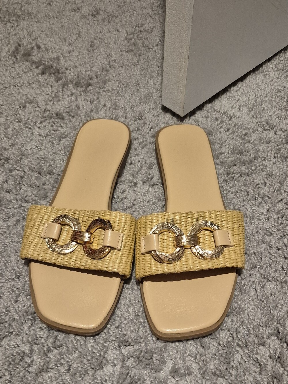 Woven Slide Sandals with Gold Link Detail - Yellow